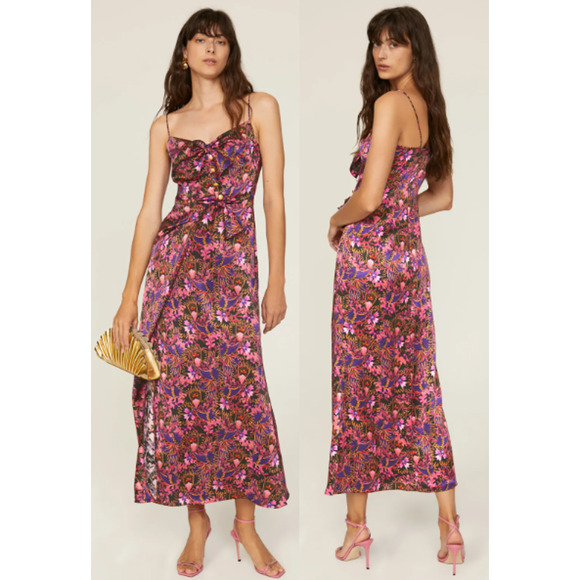 Saloni Penelope-B Floral Print Silk Satin Midi Slip Dress Pink Women's Size 4 - Picture 1 of 6